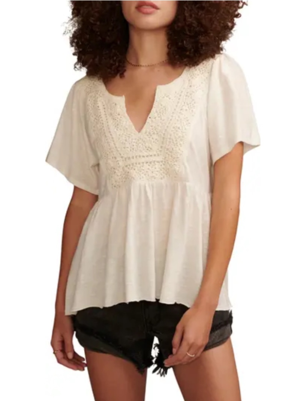 Crochet Yoke Babydoll Top Whisper White Lucky Brand Medium EUC